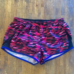 Nike DRI-FIT Women’s Running Shorts - Pink & Black Camo w/ Blue Trim - Medium